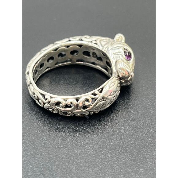 Sterling Silver Panther Scrollwork Intricate Bali Genuine Amethyst Eyes Ring 8 - Picture 6 of 12